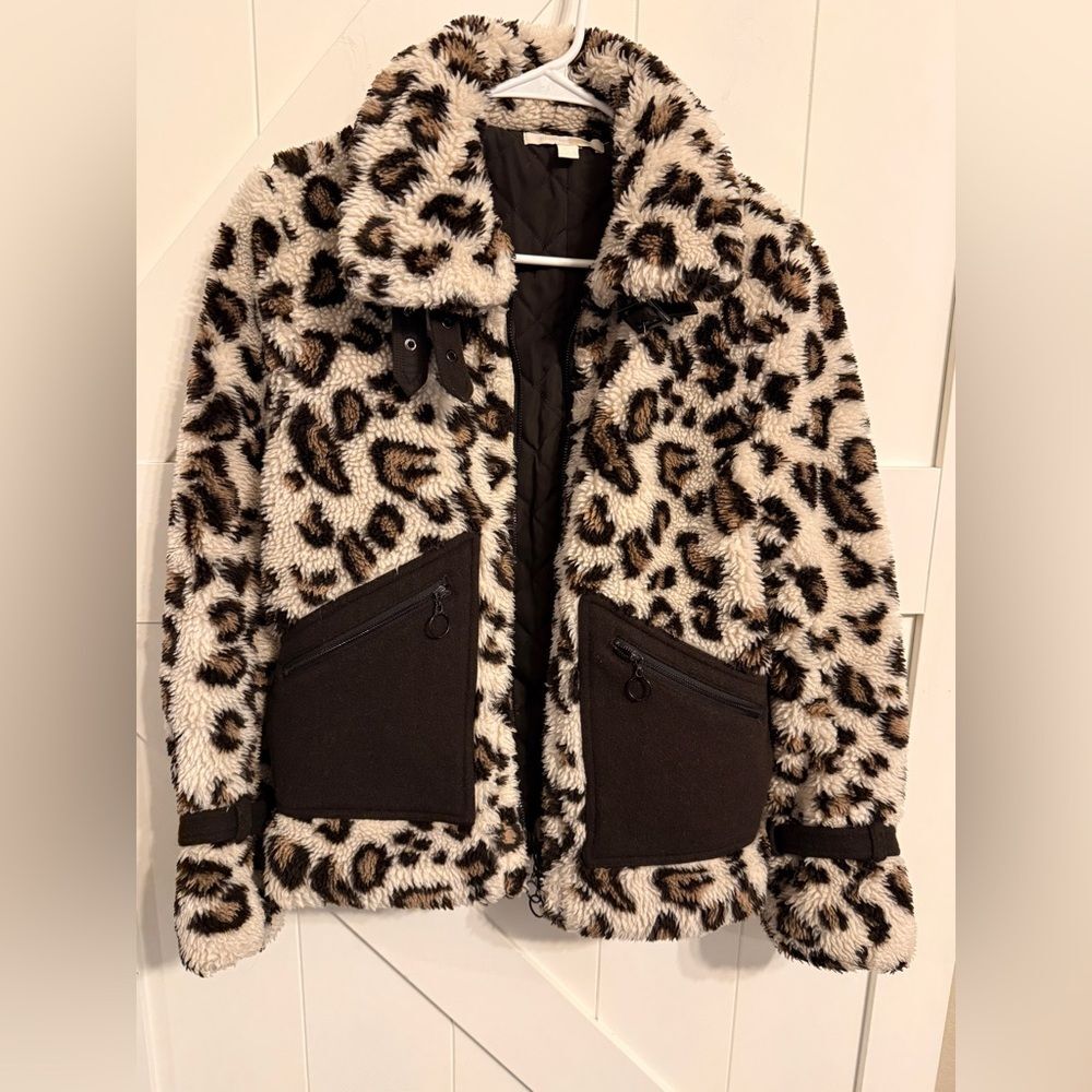 Jonathan Simkhai Women's XS Black and Cream Snow Leopard Faux Fur Jacket